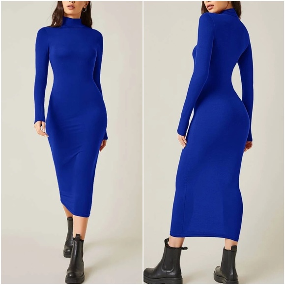 Army Green mock neck fitted midi dress Party - Picture 5 of 8